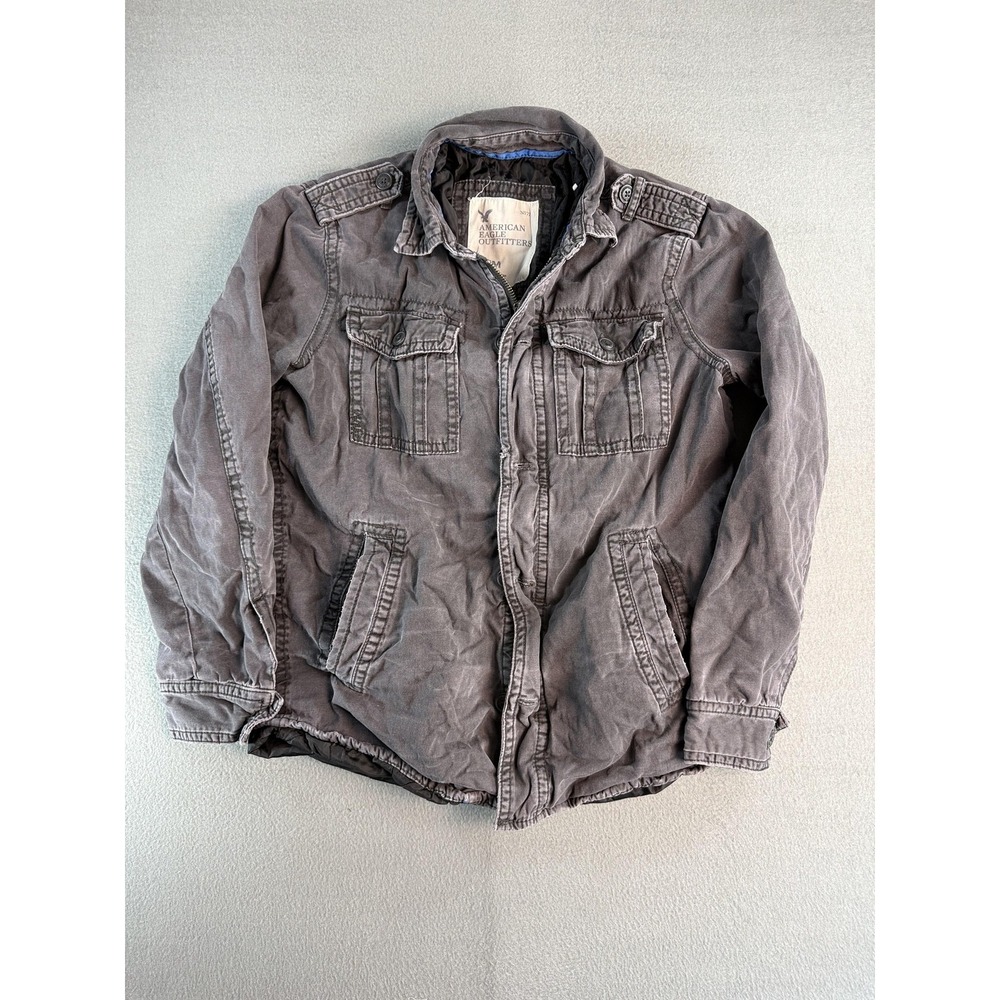 Y2K American Eagle Jacket Mens M Gray Canvas Military Field Lined Casual